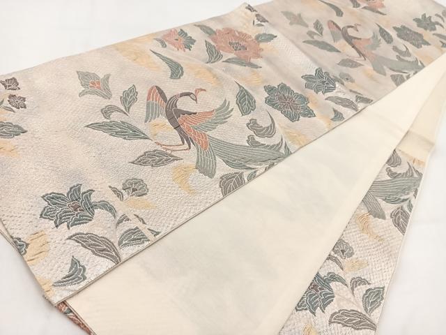 平和屋着物◎六通柄袋帯　ふくれ織　孔雀更紗花文　金銀糸　正絹　逸品　BAAV7697yc
