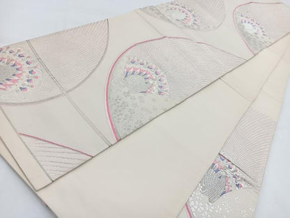 平和屋着物◎六通柄袋帯　唐織　孔雀花文　銀糸　正絹　逸品　BAAV7703yc