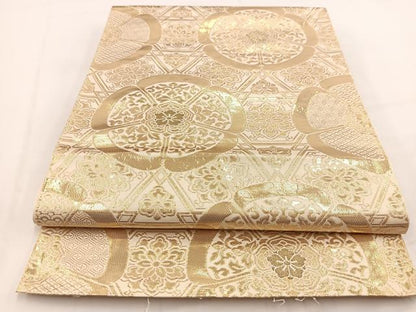 平和屋着物◎西陣　六通柄　本袋帯　幾何学花文　金糸　正絹　逸品　BAAV7705yc