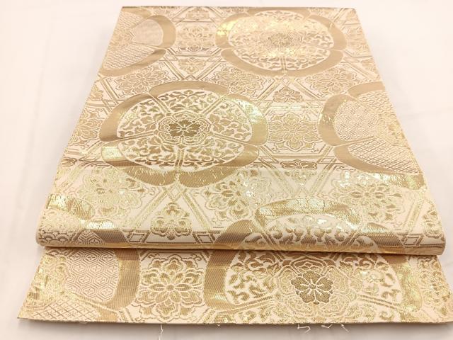 平和屋着物◎西陣　六通柄　本袋帯　幾何学花文　金糸　正絹　逸品　BAAV7705yc