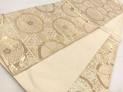 平和屋着物◎西陣　六通柄　本袋帯　幾何学花文　金糸　正絹　逸品　BAAV7705yc