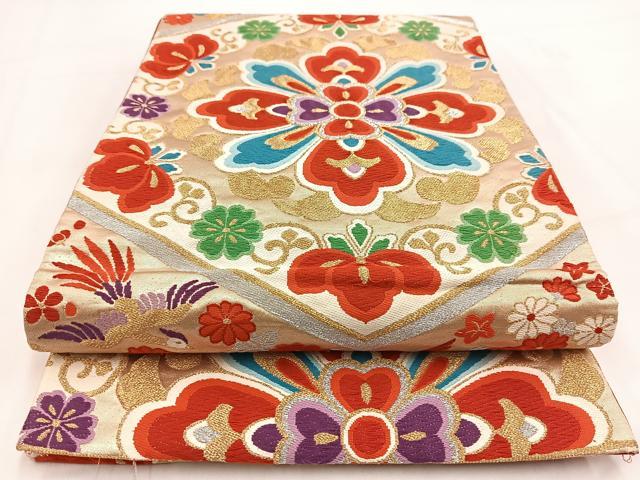 平和屋着物◎六通柄袋帯　唐織　鳳凰正倉院花文　金銀糸　正絹　逸品　BAAV7706yc