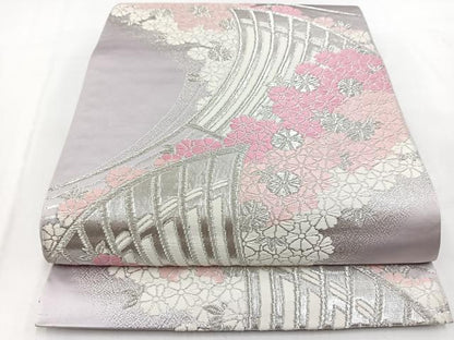 平和屋着物◎六通柄袋帯　唐織　檜扇花文　銀糸　正絹　逸品　BAAV7711yc