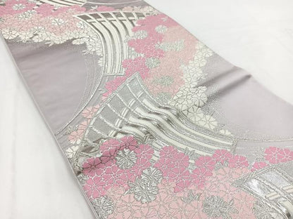 平和屋着物◎六通柄袋帯　唐織　檜扇花文　銀糸　正絹　逸品　BAAV7711yc