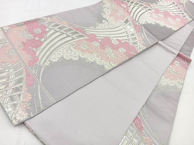 平和屋着物◎六通柄袋帯　唐織　檜扇花文　銀糸　正絹　逸品　BAAV7711yc