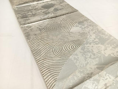 平和屋着物◎六通柄袋帯　立波芝草文　銀糸　正絹　逸品　BAAV7733yc