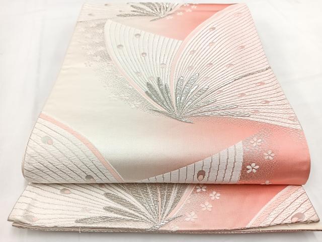 平和屋着物◎六通柄袋帯　唐織　花蝶孔雀文　銀糸　正絹　逸品　BAAV7738yc
