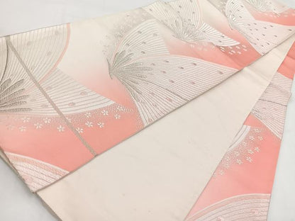 平和屋着物◎六通柄袋帯　唐織　花蝶孔雀文　銀糸　正絹　逸品　BAAV7738yc
