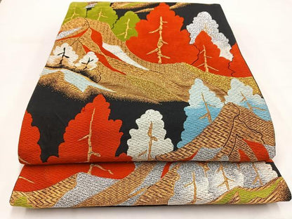 平和屋着物◎六通柄袋帯 唐織 遠山樹林文 黒地 金銀糸 正絹 逸品 BAAV7741yc