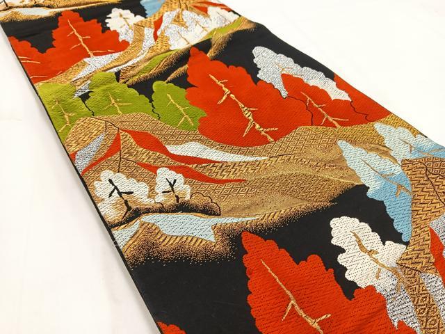平和屋着物◎六通柄袋帯 唐織 遠山樹林文 黒地 金銀糸 正絹 逸品 BAAV7741yc