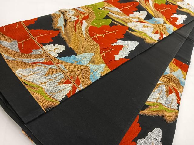 平和屋着物◎六通柄袋帯 唐織 遠山樹林文 黒地 金銀糸 正絹 逸品 BAAV7741yc