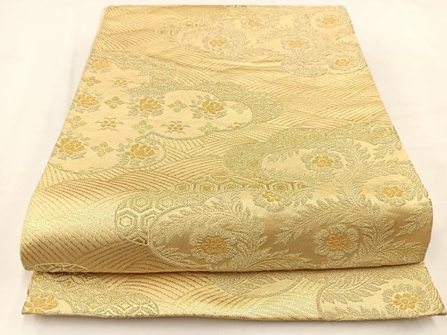 平和屋着物◎六通柄袋帯 雲取り更紗花文 金糸 正絹 逸品 BAAV7744yc
