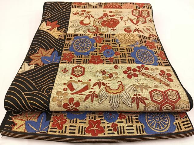 平和屋着物◎太鼓柄　本袋帯　唐織　吉祥草花文　黒地　金糸　正絹　逸品　BAAV7768yc