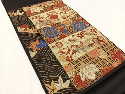 平和屋着物◎太鼓柄　本袋帯　唐織　吉祥草花文　黒地　金糸　正絹　逸品　BAAV7768yc