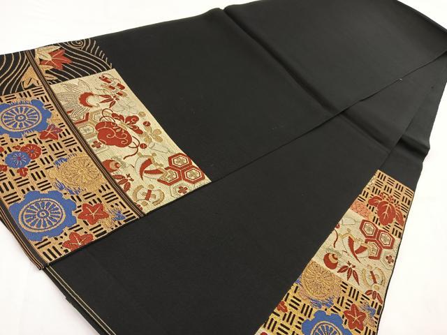 平和屋着物◎太鼓柄　本袋帯　唐織　吉祥草花文　黒地　金糸　正絹　逸品　BAAV7768yc