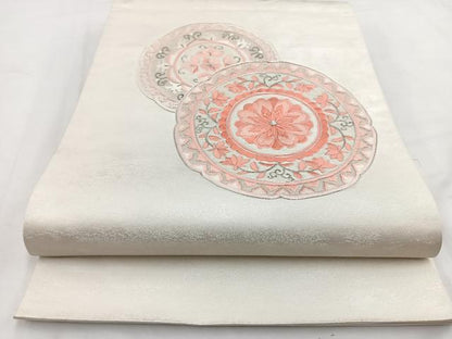 平和屋着物◎太鼓柄袋帯 総刺繍 駒刺繍 花絵皿文 銀糸 引箔. 正絹 逸品 BAAV7770yc