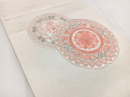 平和屋着物◎太鼓柄袋帯 総刺繍 駒刺繍 花絵皿文 銀糸 引箔. 正絹 逸品 BAAV7770yc