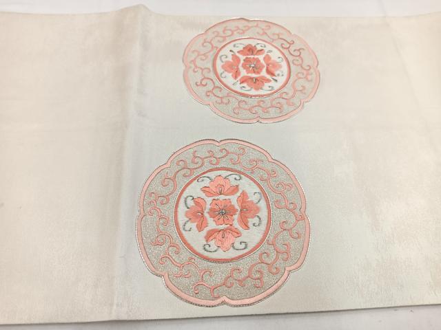 平和屋着物◎太鼓柄袋帯 総刺繍 駒刺繍 花絵皿文 銀糸 引箔. 正絹 逸品 BAAV7770yc