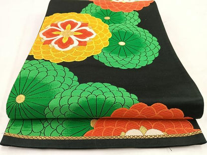 平和屋着物◎六通柄袋帯 唐織 菊花文 黒地 金糸 正絹 逸品 BAAV7773yc