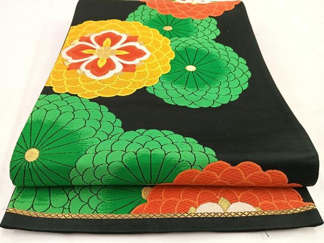平和屋着物◎六通柄袋帯 唐織 菊花文 黒地 金糸 正絹 逸品 BAAV7773yc