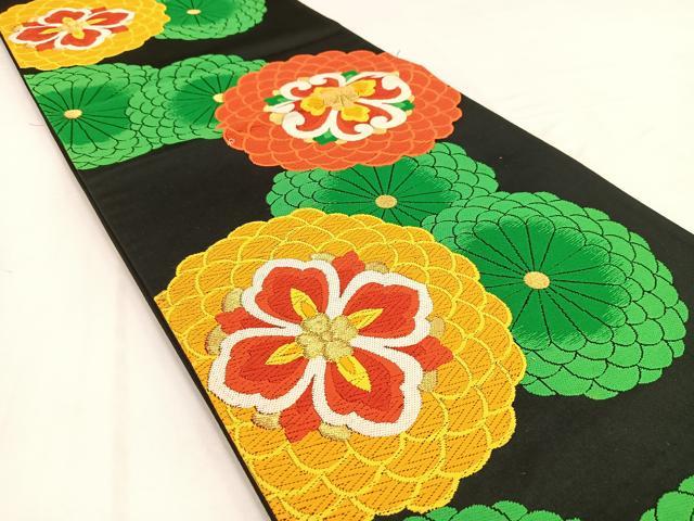 平和屋着物◎六通柄袋帯 唐織 菊花文 黒地 金糸 正絹 逸品 BAAV7773yc