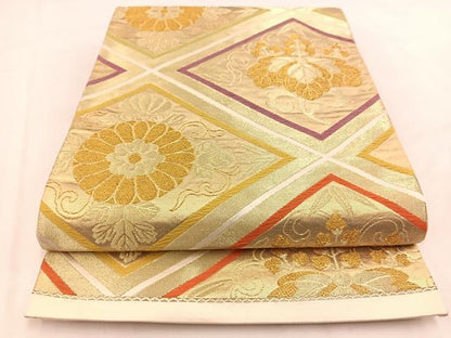 平和屋着物◎六通柄袋帯　唐織　菱天井花文　金糸　正絹　逸品　BAAV7789yc