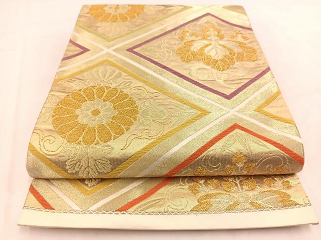 平和屋着物◎六通柄袋帯　唐織　菱天井花文　金糸　正絹　逸品　BAAV7789yc
