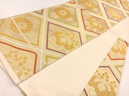 平和屋着物◎六通柄袋帯　唐織　菱天井花文　金糸　正絹　逸品　BAAV7789yc