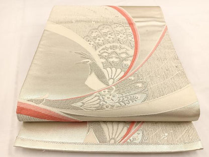 平和屋着物◎六通柄袋帯 唐織 孔雀花文 銀糸 正絹 逸品 未使用 BAAV7795yc