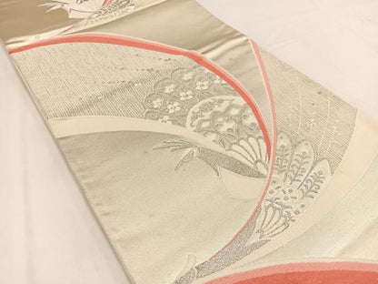 平和屋着物◎六通柄袋帯 唐織 孔雀花文 銀糸 正絹 逸品 未使用 BAAV7795yc