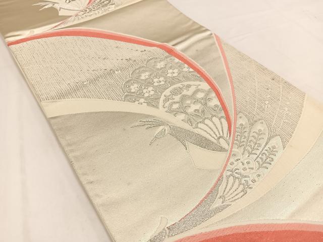 平和屋着物◎六通柄袋帯 唐織 孔雀花文 銀糸 正絹 逸品 未使用 BAAV7795yc