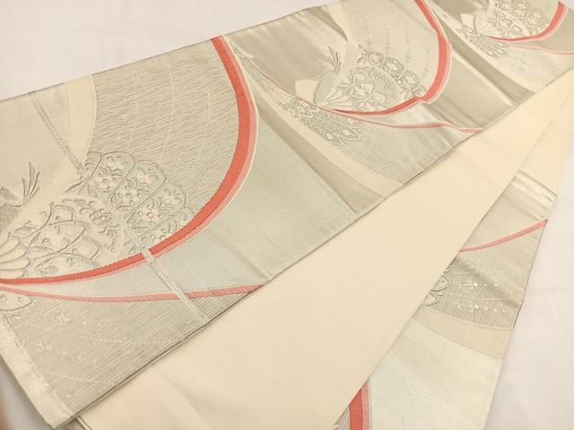 平和屋着物◎六通柄袋帯 唐織 孔雀花文 銀糸 正絹 逸品 未使用 BAAV7795yc