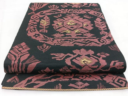 平和屋着物◎六通柄　本袋帯　動物風景文　黒地　金糸　正絹　逸品　BAAV7803yc