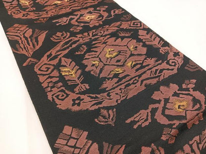 平和屋着物◎六通柄　本袋帯　動物風景文　黒地　金糸　正絹　逸品　BAAV7803yc