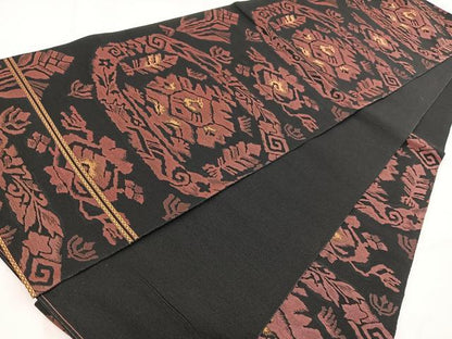 平和屋着物◎六通柄　本袋帯　動物風景文　黒地　金糸　正絹　逸品　BAAV7803yc