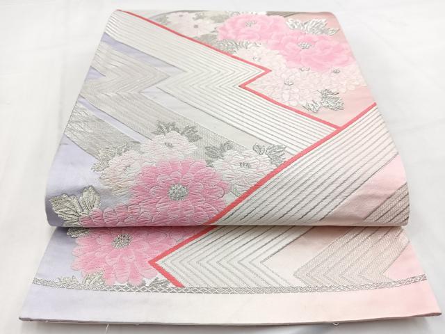 平和屋着物◎六通柄袋帯　唐織　草花文　銀糸　正絹　逸品　BAAV7806yc