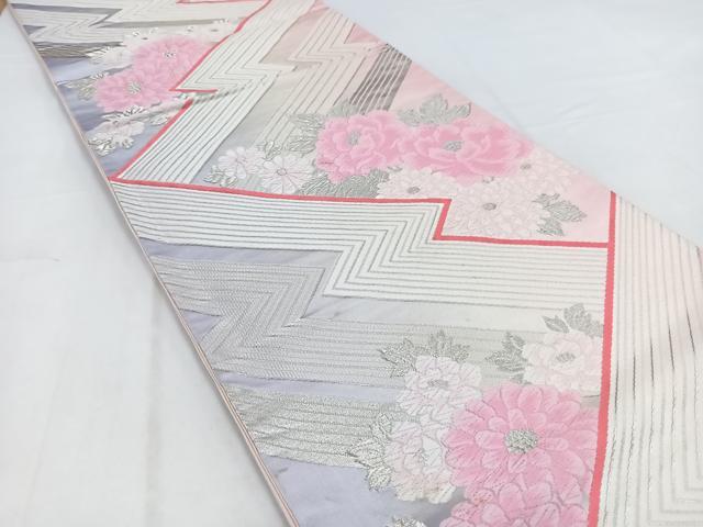 平和屋着物◎六通柄袋帯　唐織　草花文　銀糸　正絹　逸品　BAAV7806yc
