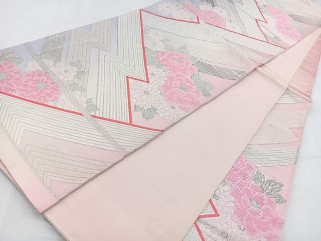 平和屋着物◎六通柄袋帯　唐織　草花文　銀糸　正絹　逸品　BAAV7806yc