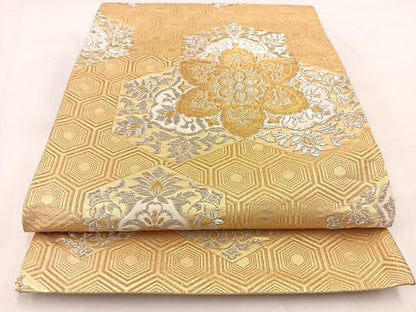 平和屋着物◎六通柄袋帯　亀甲更紗花文　金銀糸　正絹　逸品　BAAV7819yc