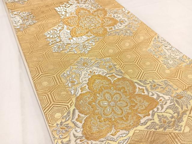 平和屋着物◎六通柄袋帯　亀甲更紗花文　金銀糸　正絹　逸品　BAAV7819yc