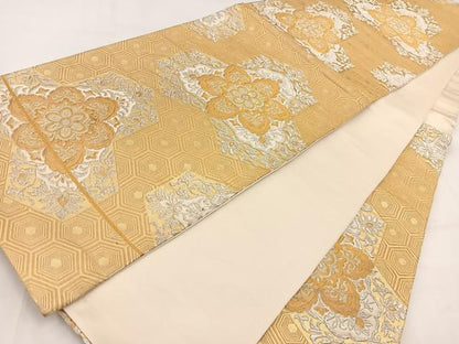 平和屋着物◎六通柄袋帯　亀甲更紗花文　金銀糸　正絹　逸品　BAAV7819yc