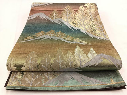 平和屋着物◎六通柄袋帯　遠山樹林文　金銀糸　引箔　正絹　逸品　BAAV7824yc
