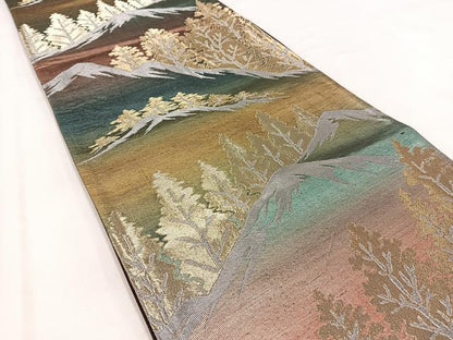 平和屋着物◎六通柄袋帯　遠山樹林文　金銀糸　引箔　正絹　逸品　BAAV7824yc