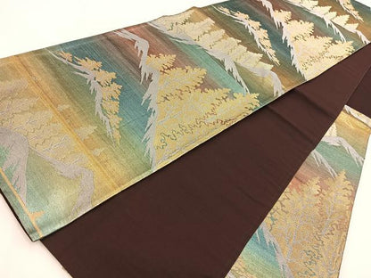 平和屋着物◎六通柄袋帯　遠山樹林文　金銀糸　引箔　正絹　逸品　BAAV7824yc