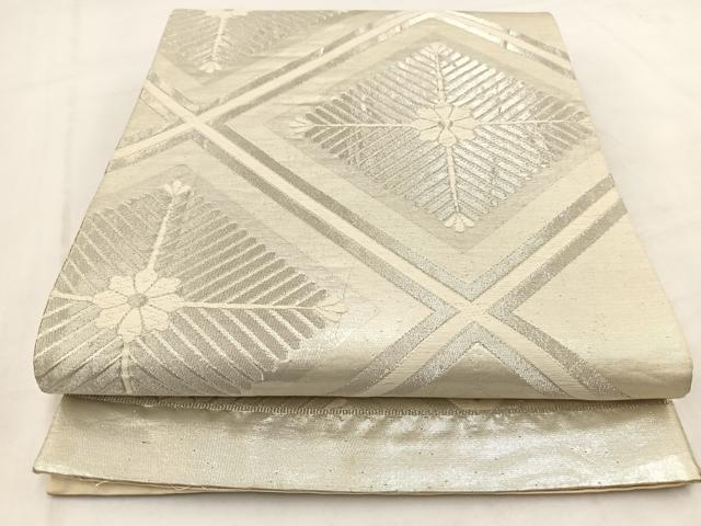 平和屋着物◎六通柄袋帯　唐織　菱天井花松文　銀糸　正絹　逸品　BAAV7826yc