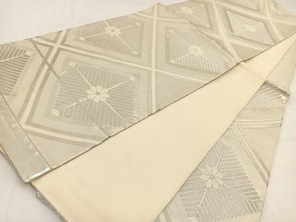 平和屋着物◎六通柄袋帯　唐織　菱天井花松文　銀糸　正絹　逸品　BAAV7826yc