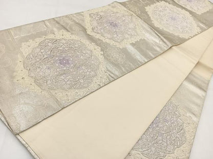 平和屋着物◎六通柄袋帯　唐織　正倉院花文　銀糸　正絹　逸品　BAAV7837yc