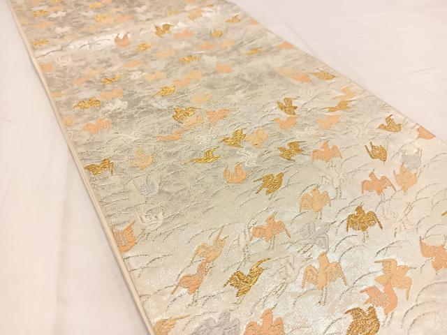 平和屋着物◎六通柄袋帯　　唐織　群鶴　金銀糸　引箔　正絹　逸品　BAAV7842yc