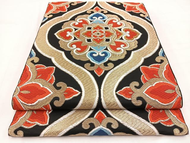 平和屋着物◎六通柄　本袋帯　唐織　正倉院花文　黒地　金銀糸　BAAV7845yc