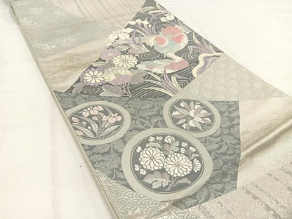 平和屋着物◎六通柄袋帯 唐織 裂取鴛鴦錦繍文 銀糸 正絹 逸品 BAAV7852yc